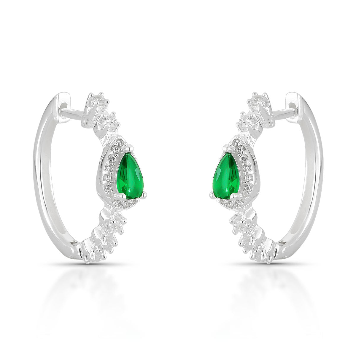 BRINCO ARGOLA LUZA MEDIA CRAVEJADA DE ZIRCONIA COM GOTA VERDE EM PRATA 925