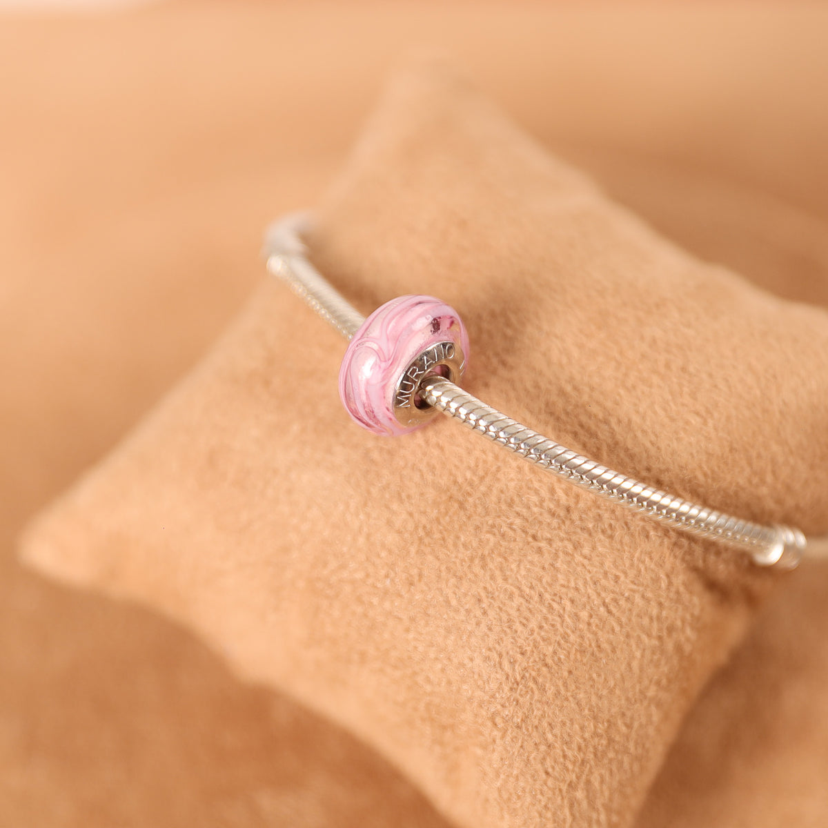 Berloque Separador Murano Rosa e Branco em Prata 925