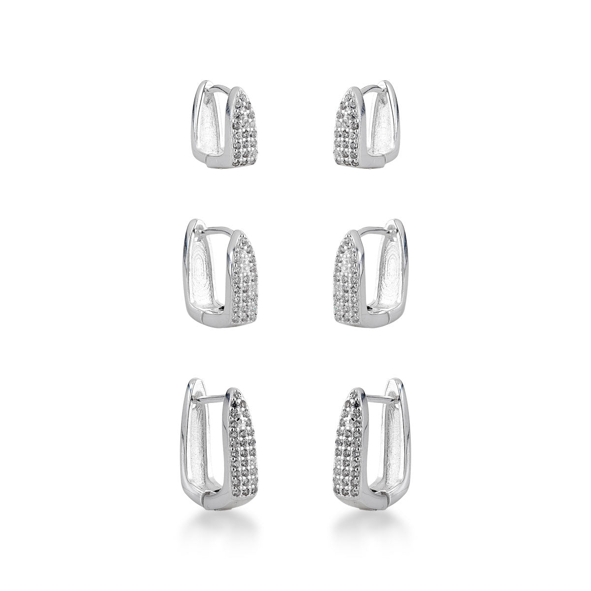 Brinco Trio de Argolas Luza Quadradas com 3 Linhas de Zircônias em Prata 925