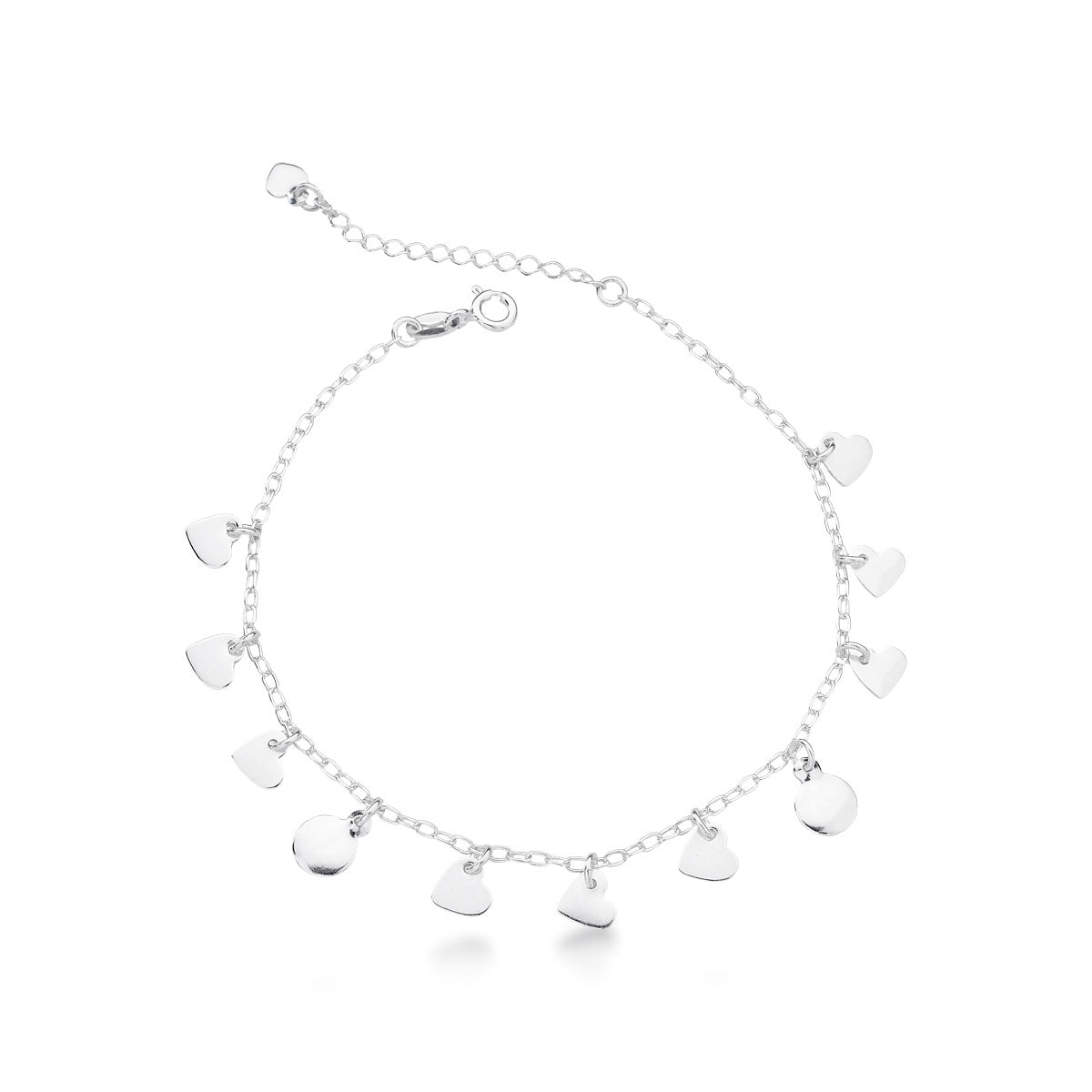 Pulseira Luza Nove Corações e Dois Circulos Chapados em Prata 925