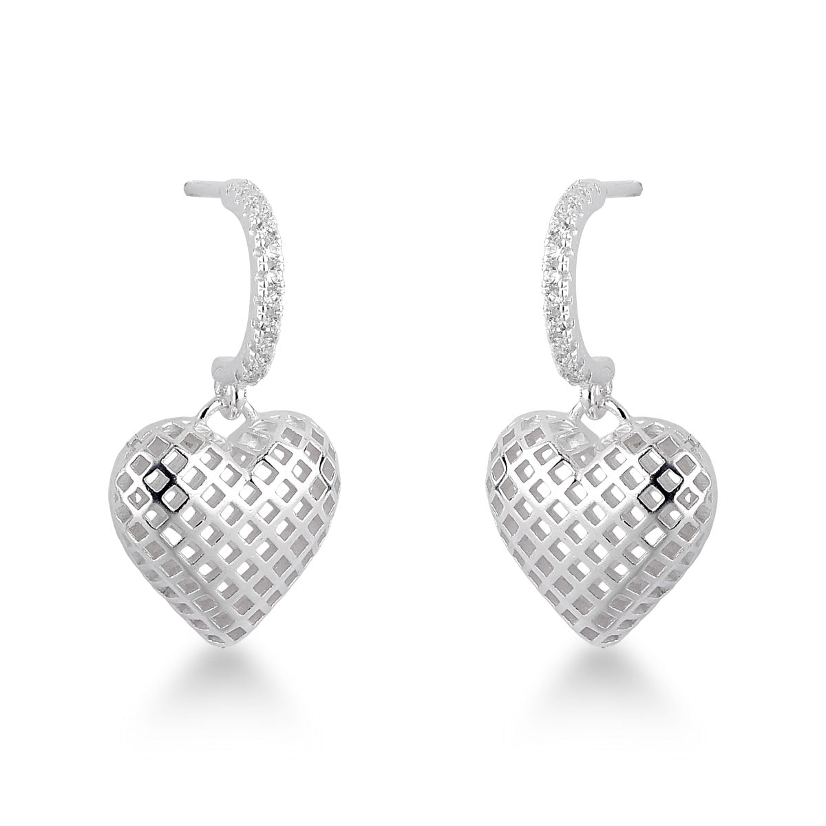 Brinco de Meia Argola Luza com Coração Boleado Pendente em Prata 925