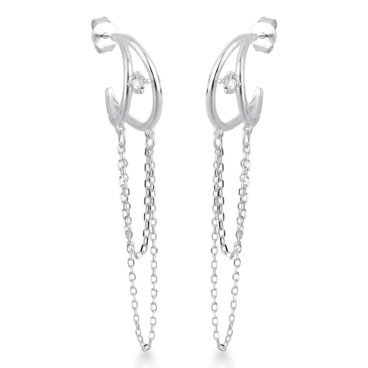 Brinco de Argola Luza de 2 Linhas Lisas, Ponto de Luz e 2 Correntes Pendentes em Prata 925