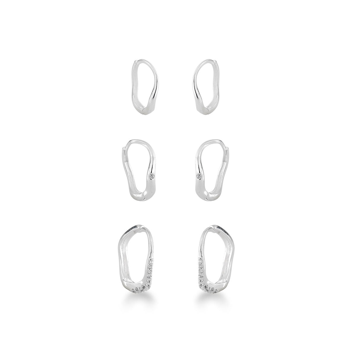 Brinco Trio de Argola Luza Ondulado com Uma Cravejada de Zircônia e Duas Lisas em Prata 925