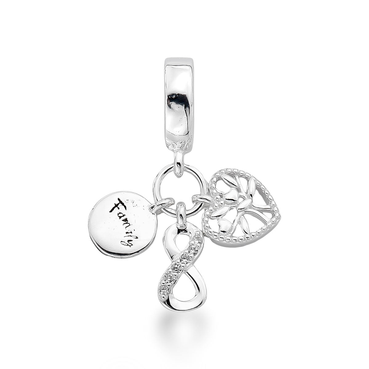Berloque com 3 Pingentes: Medalha Family; Infinito e Árvore da Vida em Prata 925