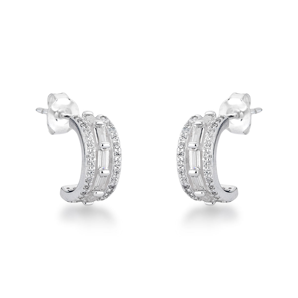 Brinco de Meia Argola Luza com Baguetes Cristais em Prata 925