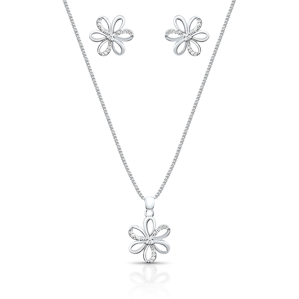 Conjunto Luza de Flor Vazada com Detalhes de Zircônia e Ponto de Luz em Prata 925