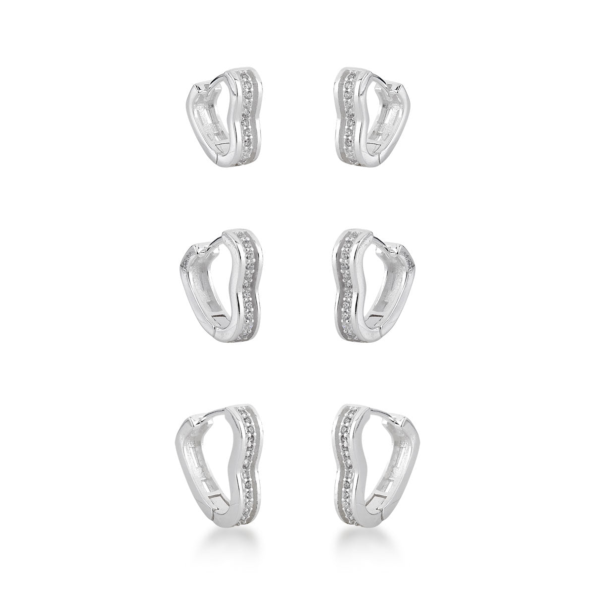 Brinco Trio de Argolas Luza Coração com 3 Linhas com Central Cravejada em Prata 925