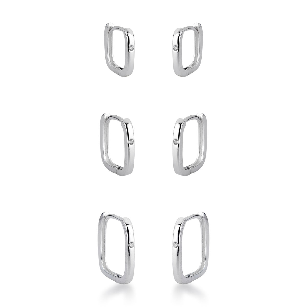 Trio de Argolas Luza Quadradas com 1 Ponto de Luz em Prata 925