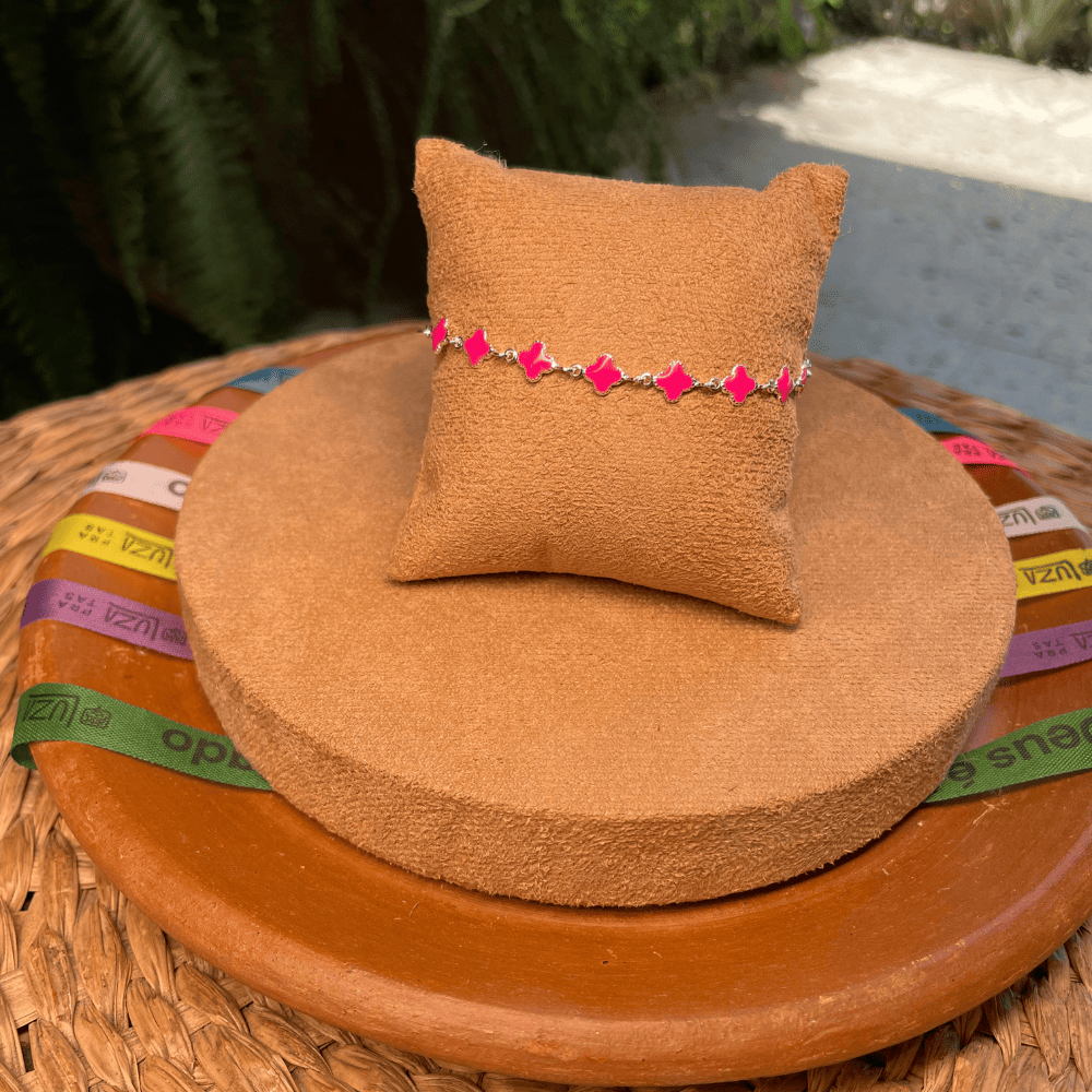 PULSEIRA LUZA DE MINI TREVO ROSA EM PRATA 925
