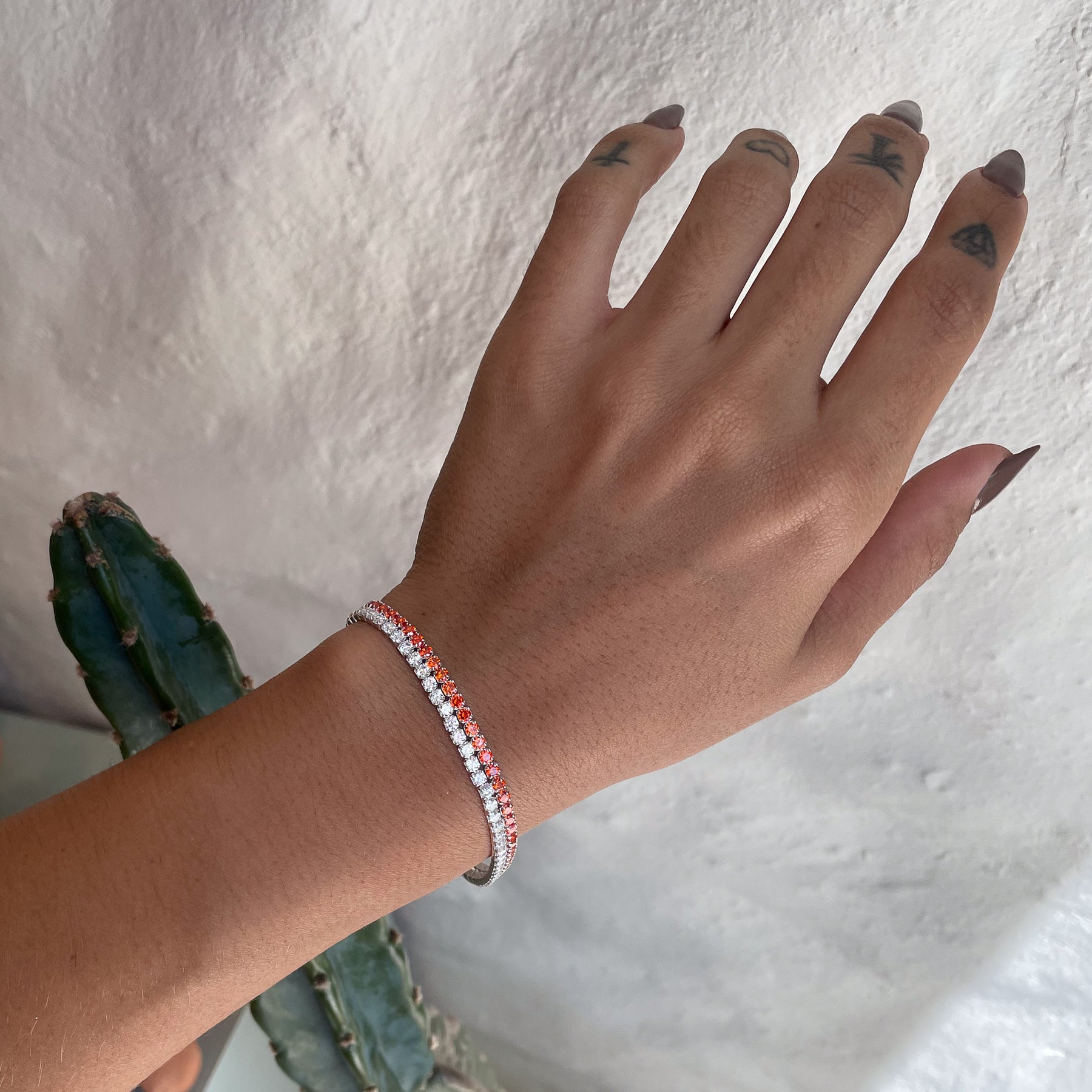 Pulseira Riviera com Linha Branca e Linha Laranja Luza em Prata 925