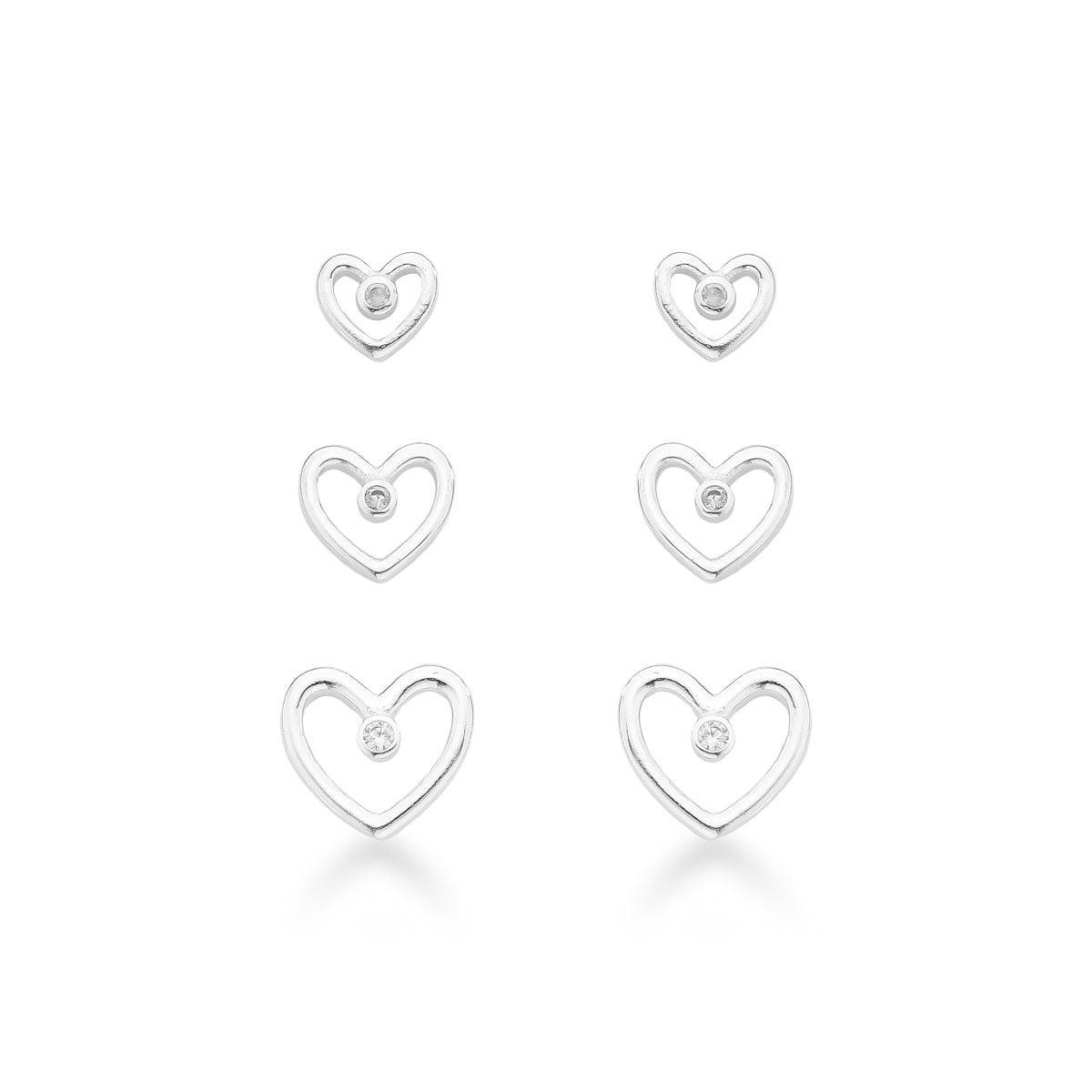 Trio Luza de Corações Vazados com Ponto de Luz em Prata 925