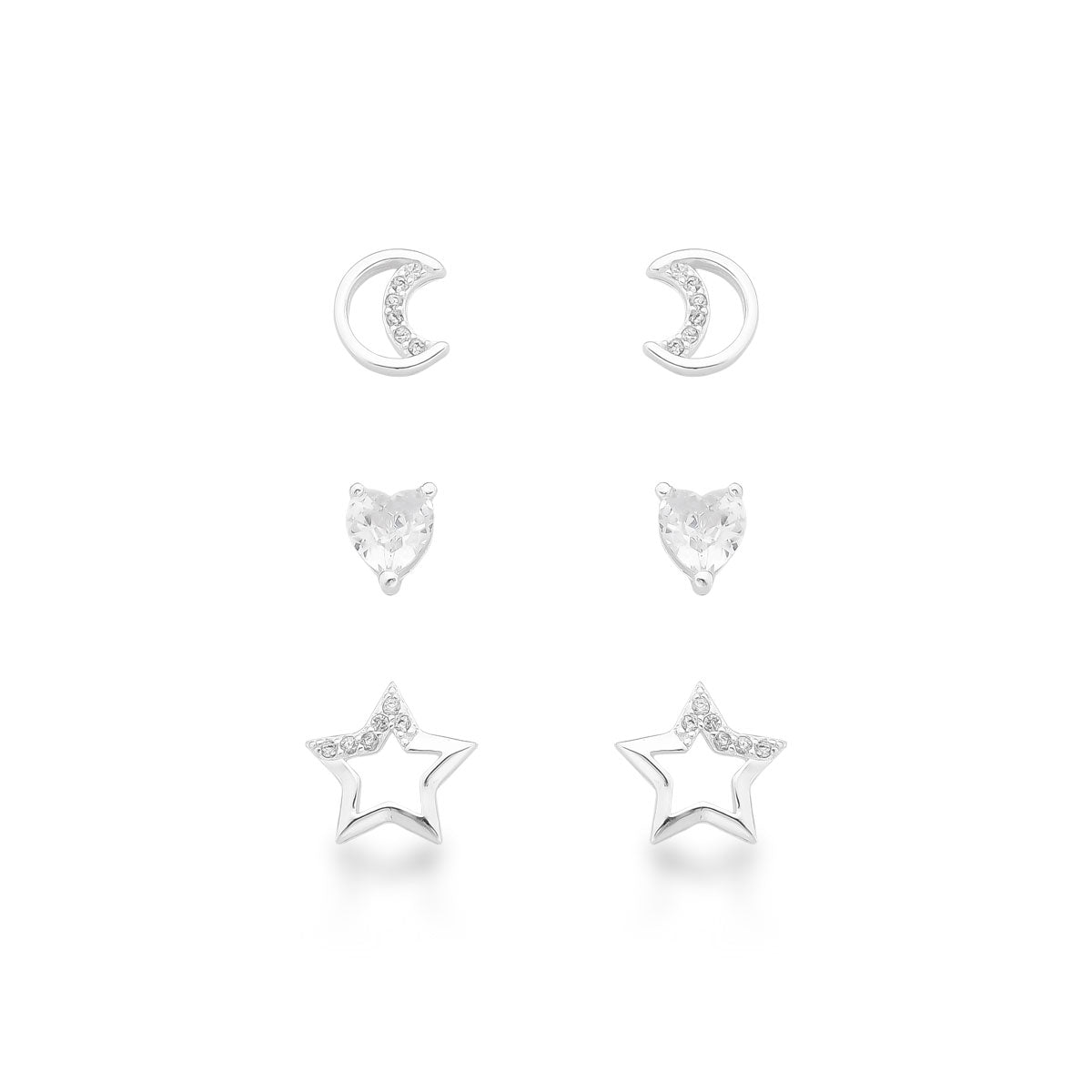 Brincos Trio de: Estrela Vazada, Lua Vazada e Ponto de Luz Coração Luza em Prata 925