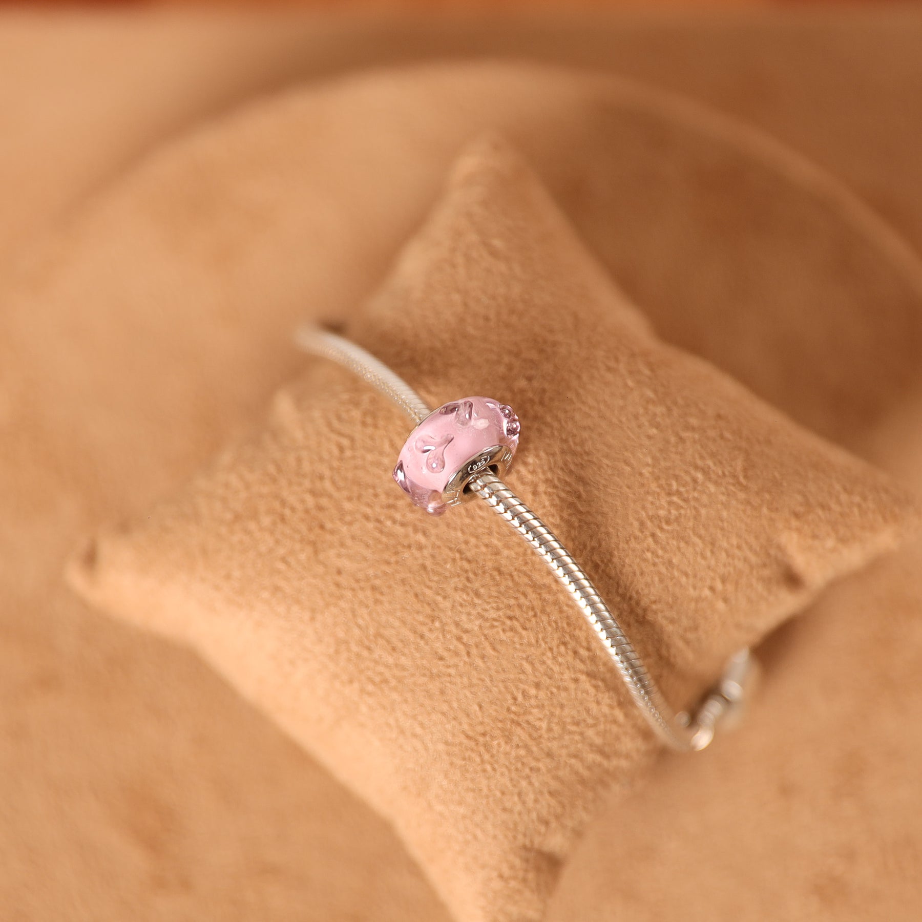 Berloque Separador Murano Rosa com Mini Corações em Prata 925