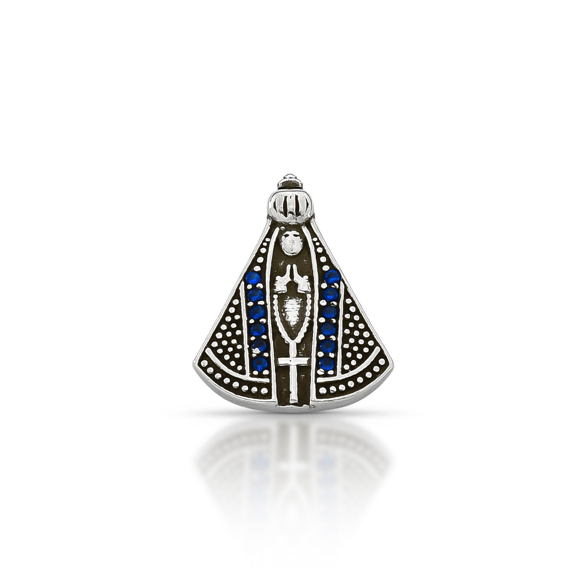 PINGENTE DE NOSSA SENHORA APARECIDA COM ZIRCÔNIAS AZUIS EM PRATA 925 ENVELHECIDA