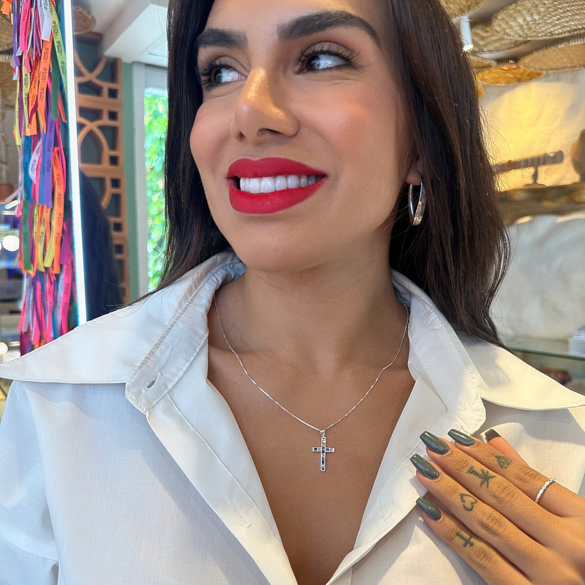 Pingente de Cruz com Navetes Quadrados e Colors em Prata 925