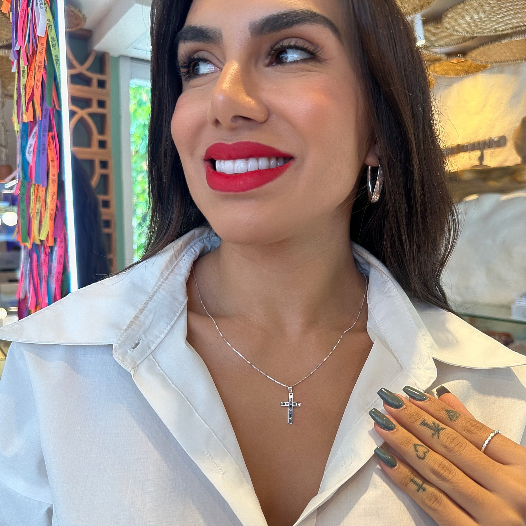 Pingente de Cruz com Navetes Quadrados e Colors em Prata 925