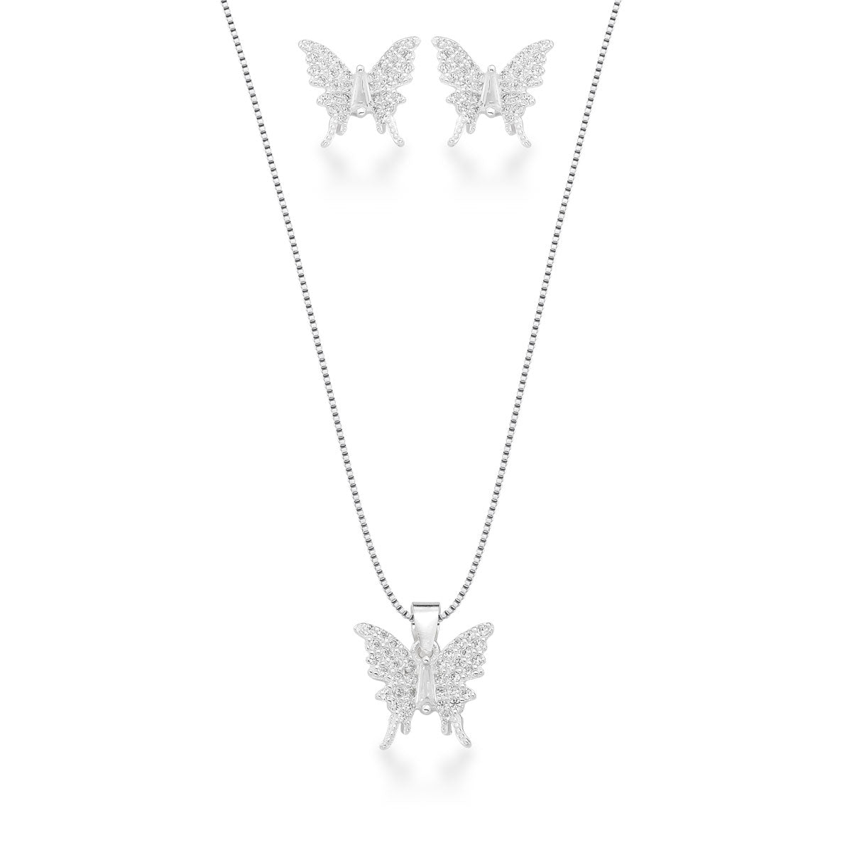 Conjunto Borboleta Cravejada de Zircônia com Detalhe de Navete em Prata 925