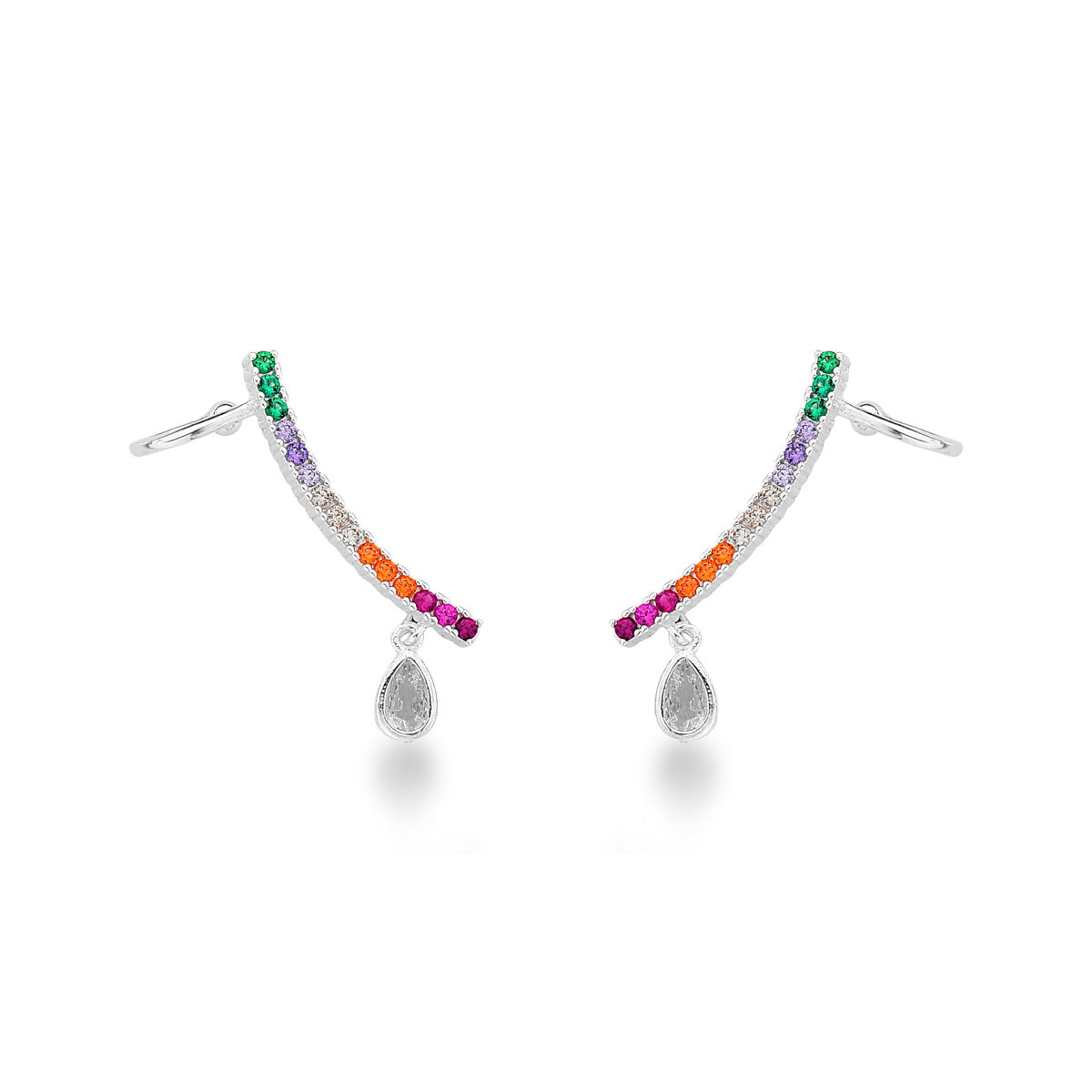 Ear Cuff de Zircônias Colors e Ponto de Luz Gota Pendente em Prata 925