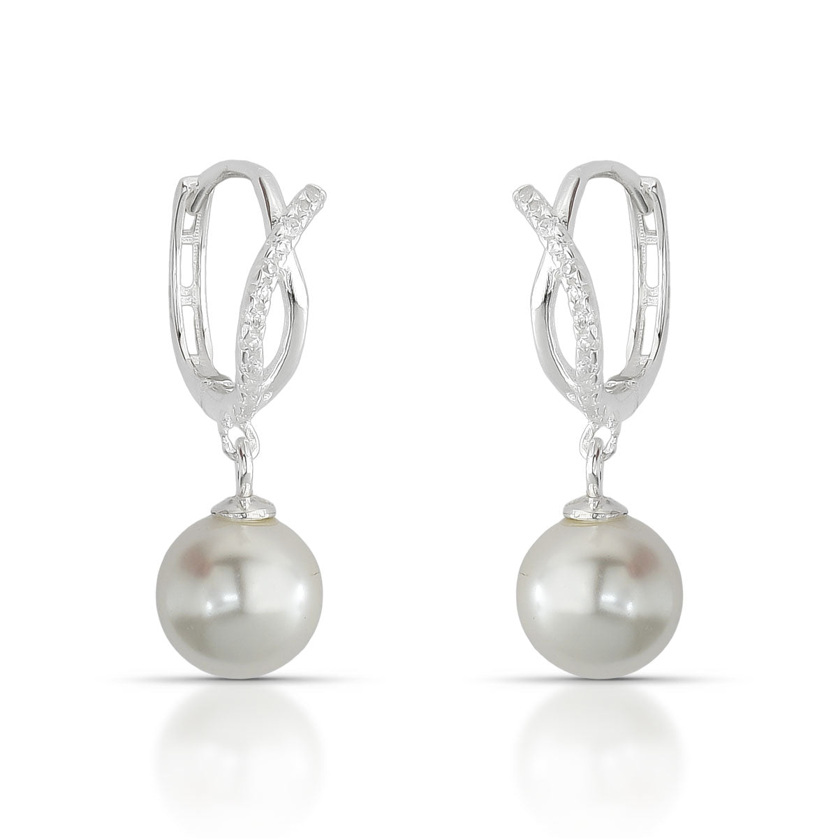 BRINCO ARGOLA LUZA DUO LISA E CRAVEJADA COM PÉROLA PENDENTE EM PRATA 925