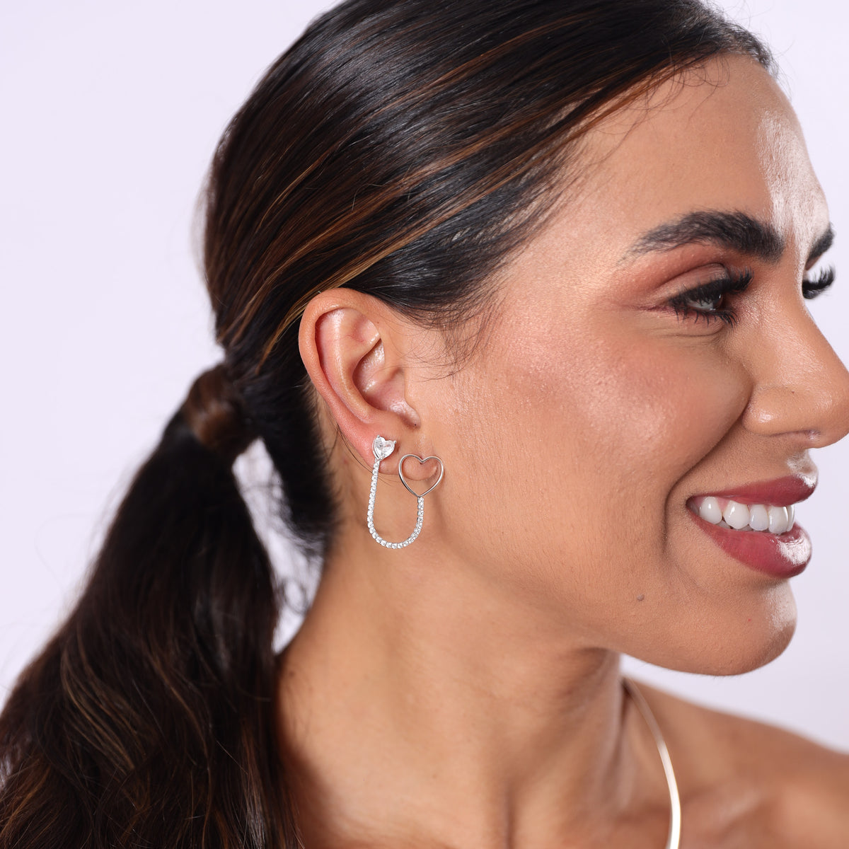 Brinco Dupla de Desmontável Luza de Coração + Corrente de Riviera em Prata 925