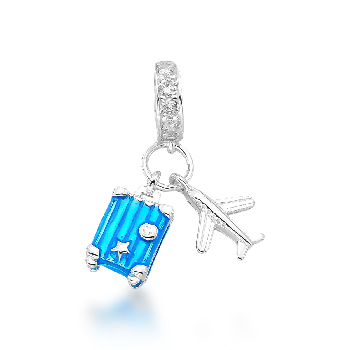 Berloque Mala de Viagem Azul e Avião em Prata 925