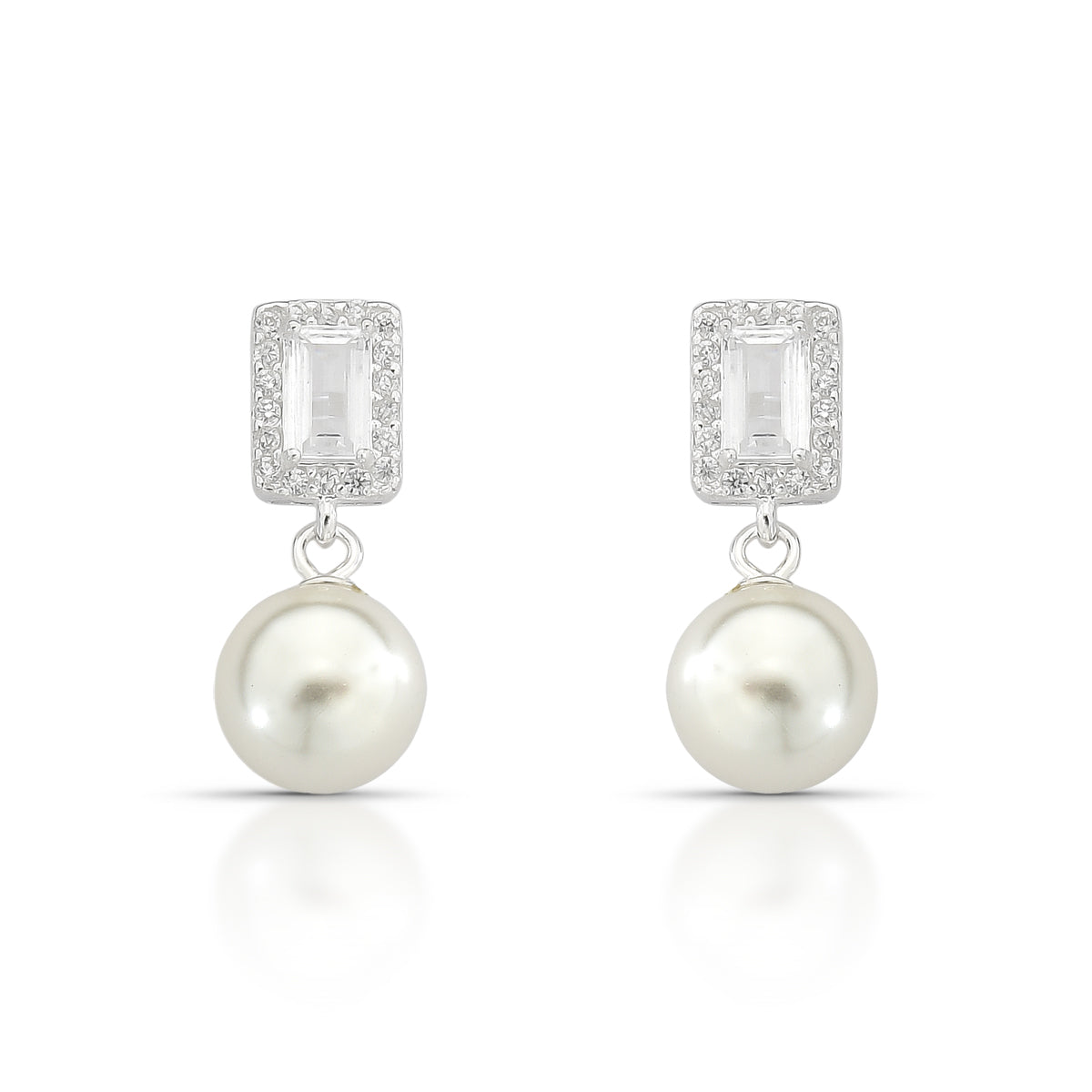 Brinco Luza Com Retângulo Cravejado e Perola Pendente em Prata 925