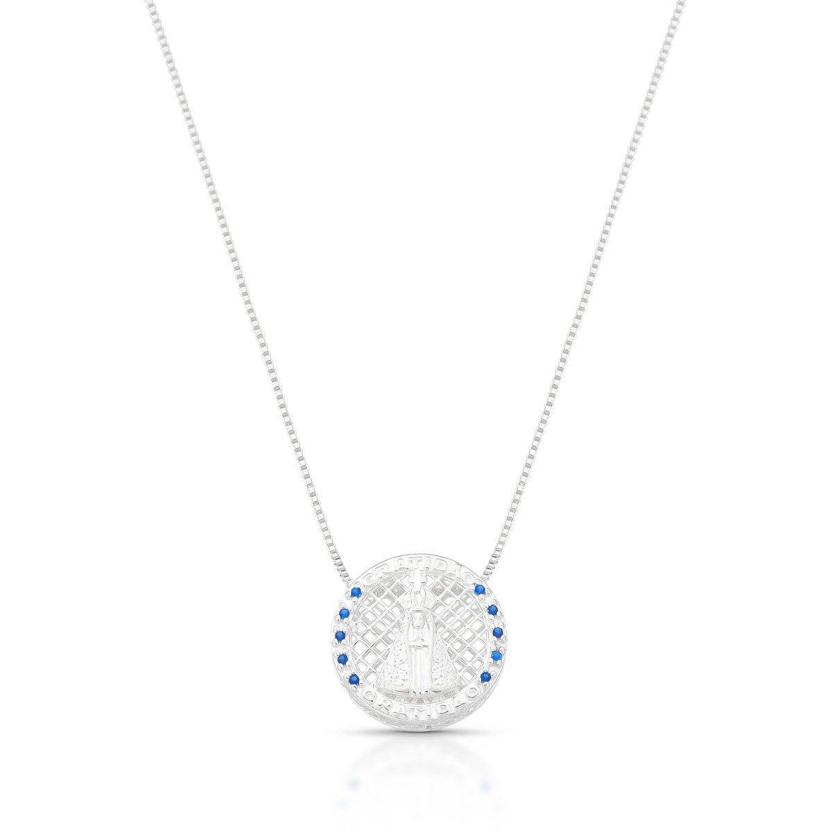 COLAR COM PINGENTE VAZADO REDONDO DE NOSSA SENHORA COM MICRO ZIRCÔNIA AZUL