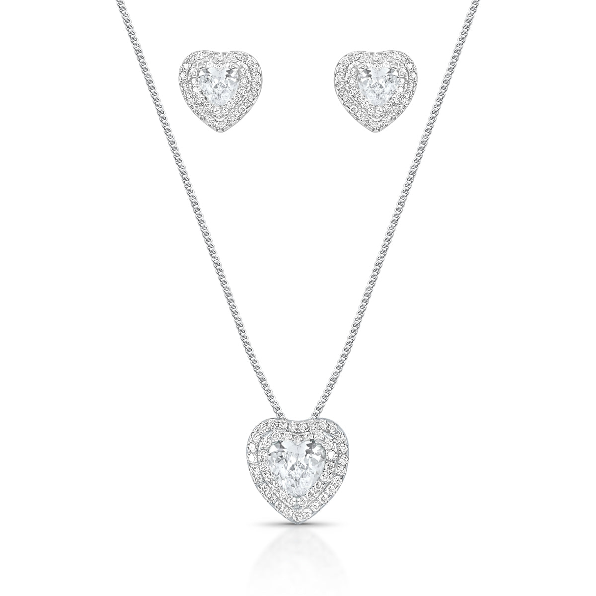 Conjunto Luza de Coração Cravejado de Zircônia com Ponto de Luz em Prata 925