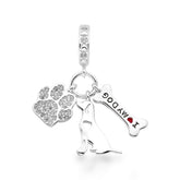 Berloque Três Pingentes Luza: Cachorro, Pata Cravejada e Osso com Frase em Prata 925