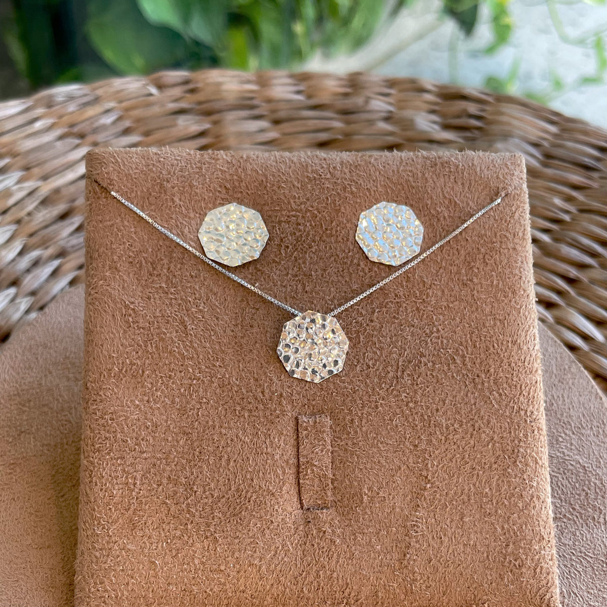 Conjunto Orgânico Hexagonal Diamantado em Prata 925