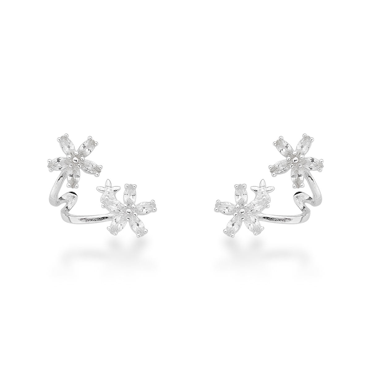 Brinco Ear Hook de Flores Cravejadas em Prata 925