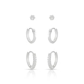 BRINCO TRIO COM ARGOLA CRAVEJADA, ARGOLA LISA E PONTO DE LUZ EM PRATA 925