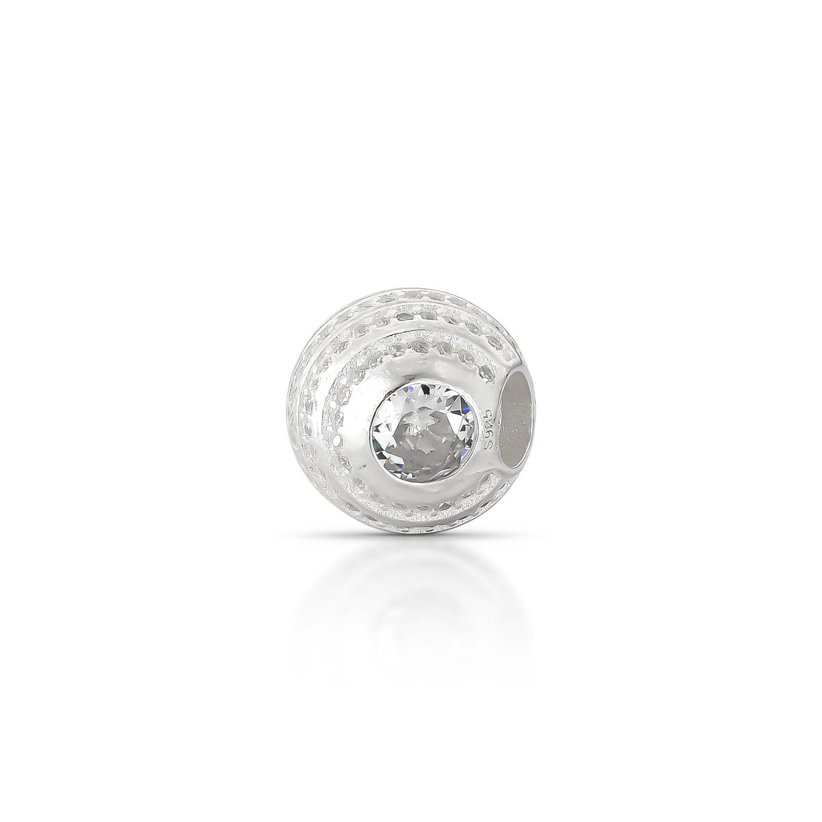 BERLOQUE SEPARADOR ESFERA CRAVEJADA COM MICRO ZIRCONIAS E ZIRCONIA MAIOR NAS LATERAIS E LIHAS LISAS EM PRATA 925