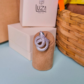 Anel Luza Luxo de Cobra Cravejada de Zirconia em Prata 925