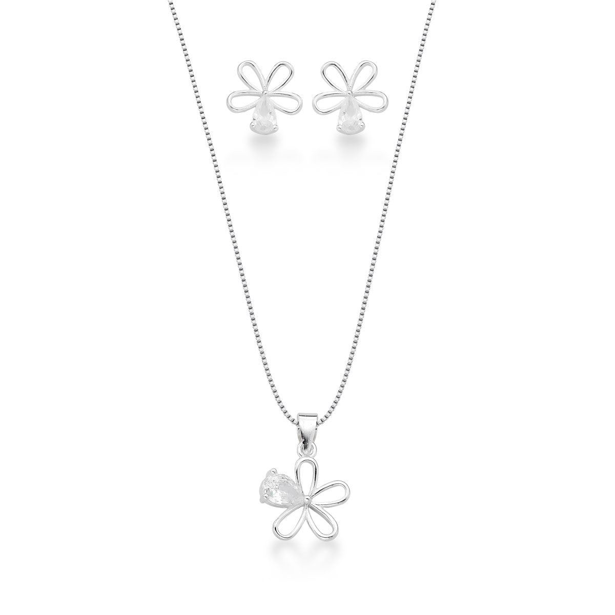 Conjunto Flor Vazada com Detalhe de Pedra em Prata 925