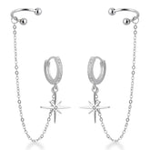 Brinco de Argola com Estrela Pendente + Piercing Fake em Prata 925