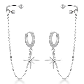 Brinco de Argola com Estrela Pendente + Piercing Fake em Prata 925