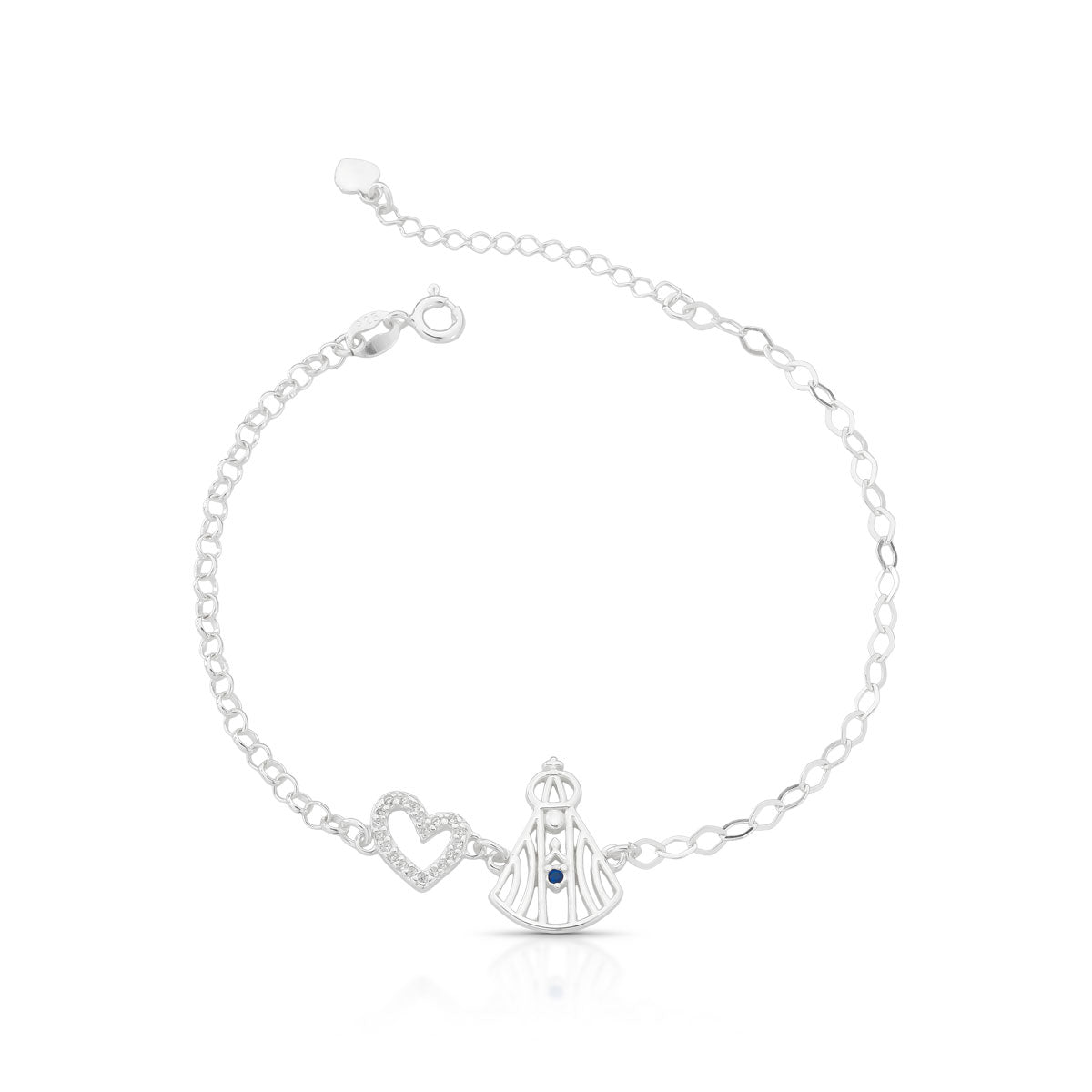 PULSEIRA CORAÇÃO VAZADO COM ZIRCÔNIA E NOSSA SENHORA APARECIDA COM MICRO ZIRCÔNIA AZUL EM PRATA 925