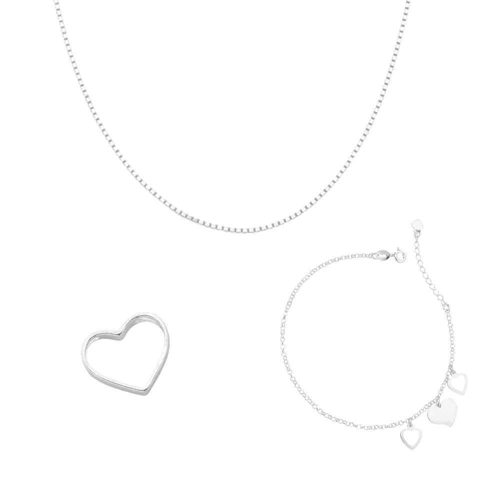 Combo Luza Apaixonada: Pulseira Três Corações, com Pingente Vazado de Coração Pequeno e Corrente veneziana em Prata 925