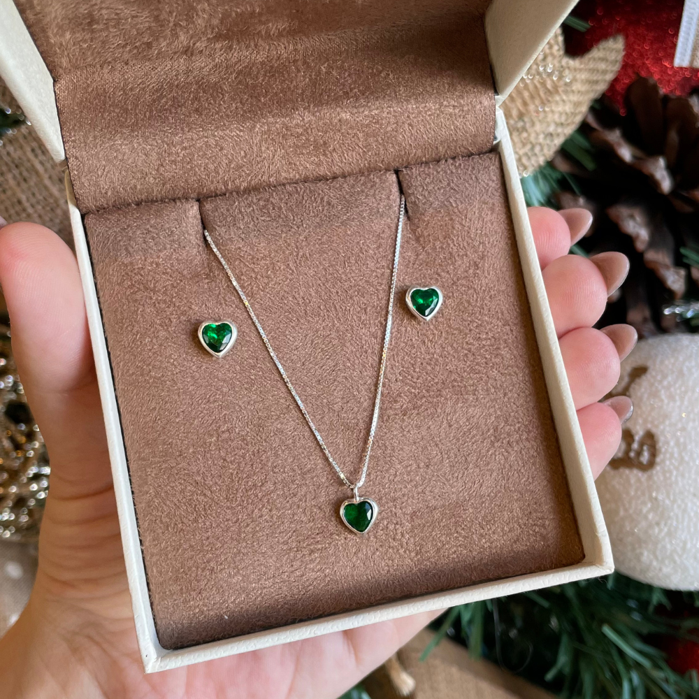 Conjunto Luza Ponto de Luz de Coração Color 6MM Embutido em Prata 925