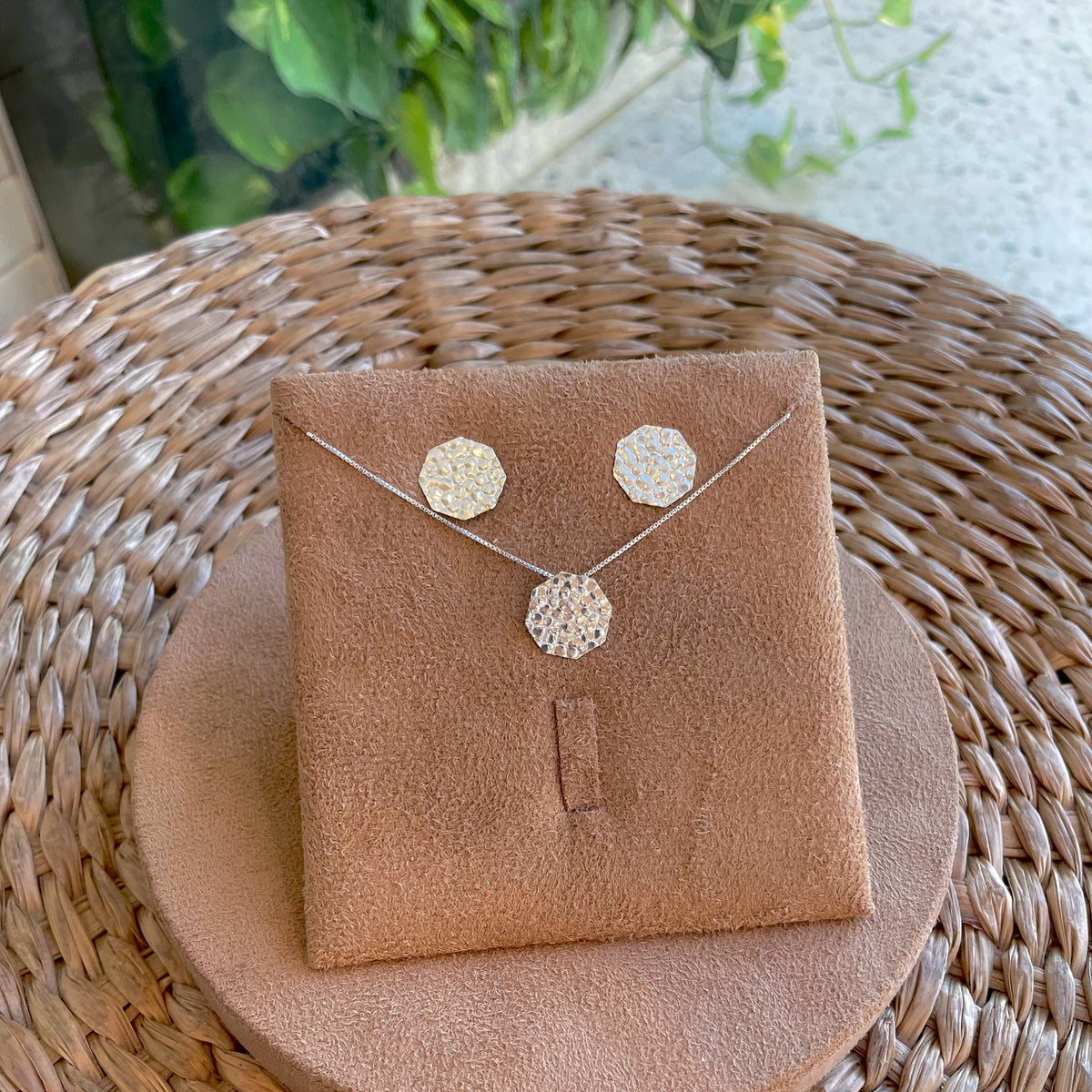Conjunto Orgânico Hexagonal Diamantado em Prata 925
