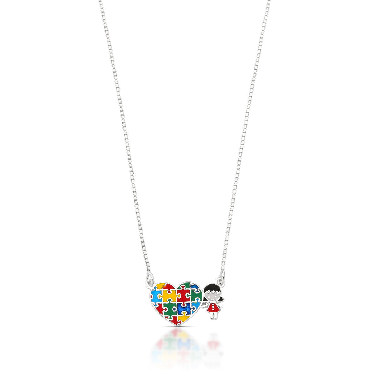 COLAR MENINA E CORAÇÃO COM CORES DO AUTISMO EM PRATA 925