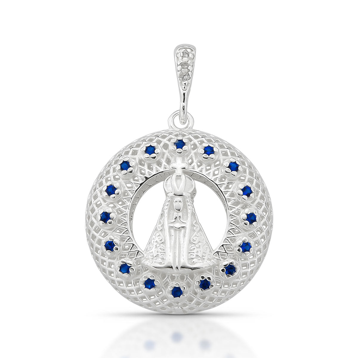 PINGENTE GRANDE NOSSA SENHORA APARECIDA COM MICRO ZIRCÔNIAS AZUL EM PRATA 925