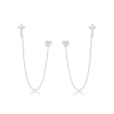 Ear Line Duplo com Brinco de Coração e Cruz Cravejados em Prata 925