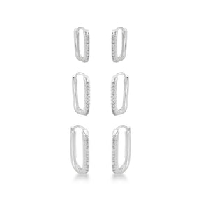 Trio Luza de Argolas Luza Retangulares com 1 Linhas de Zircônias em Prata 925