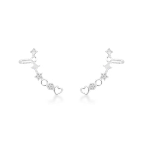 Ear Cuf com Pontos de Luz, Flores Cravejadas e Detalhes Vazados em Prata 925