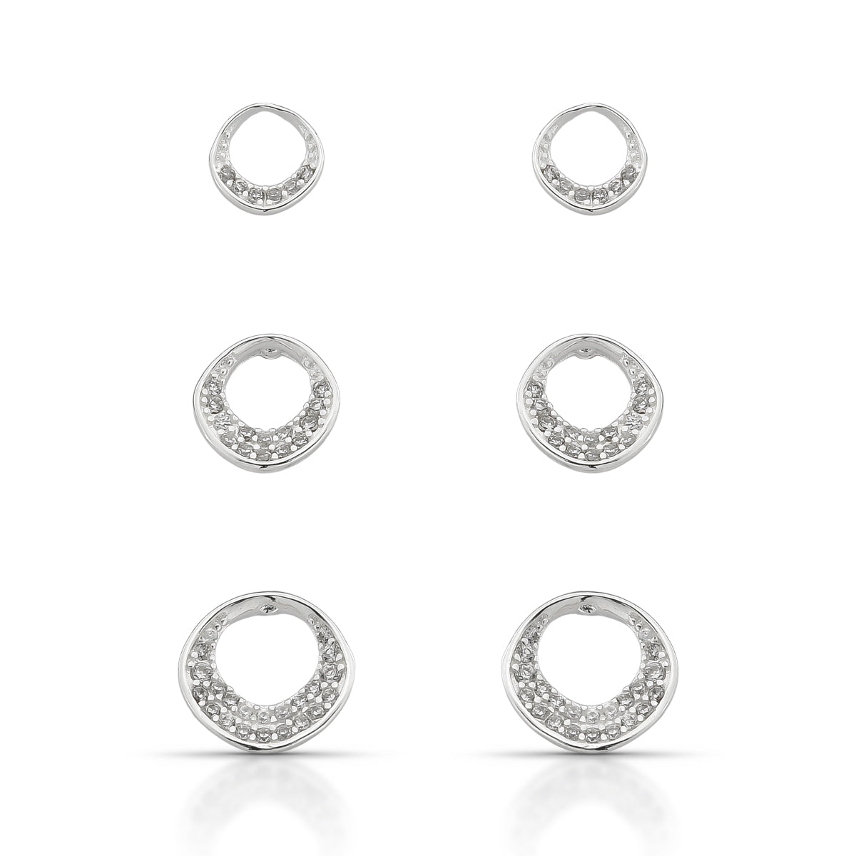 Trio de Brincos Ovais Cravejados de Zirconia Luza em Prata 925