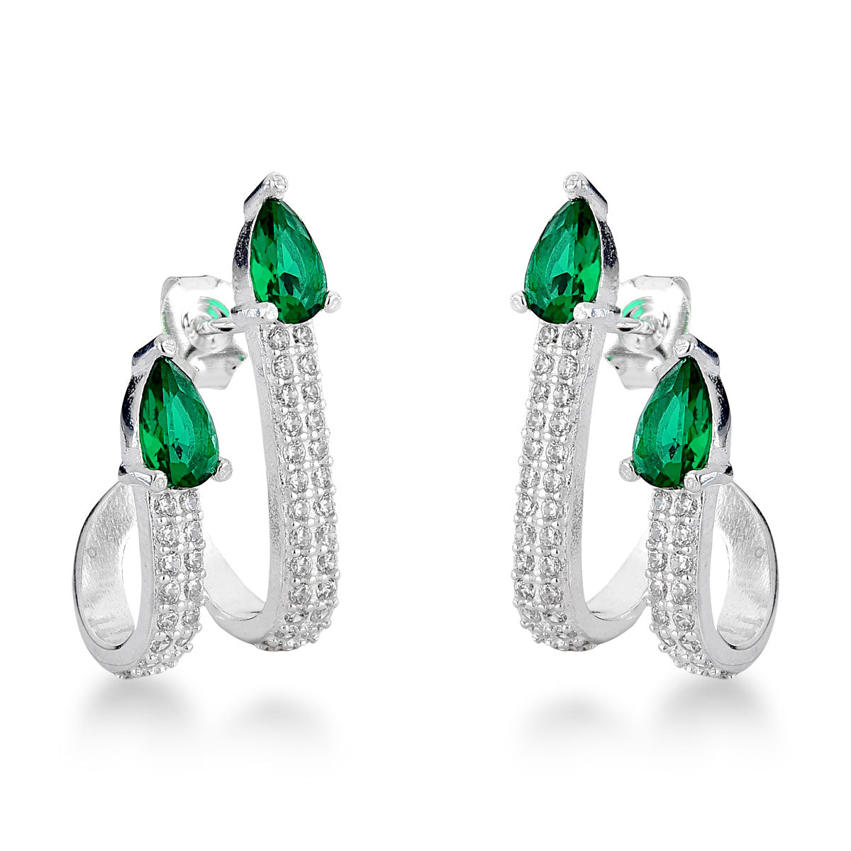 Ear Hook com Duas Linhas Cravejadas de Zircônias e 2 Pontos Esmeralda em Prata 925