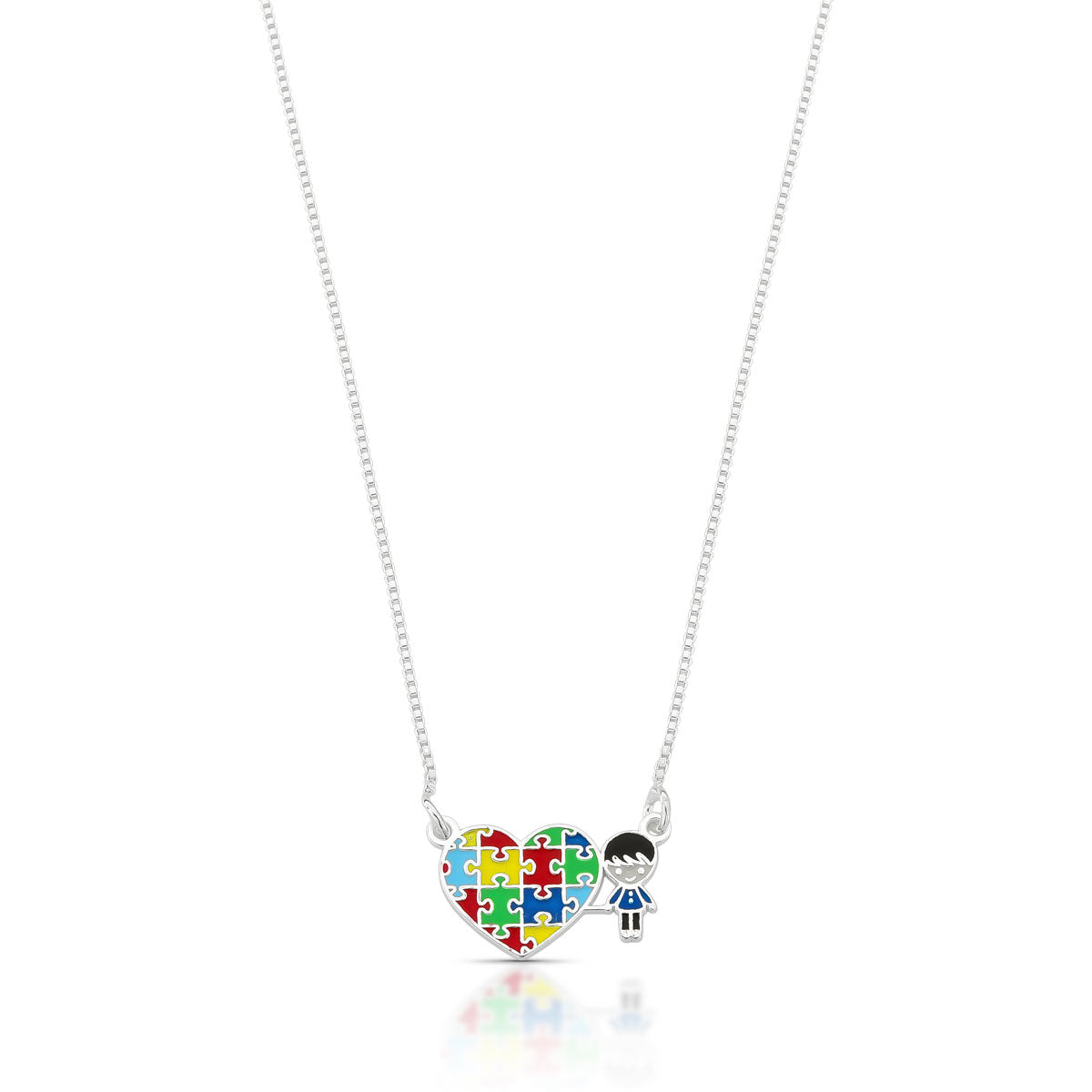 COLAR MENINO E CORAÇÃO COM CORES DO AUTISMO EM PRATA 925