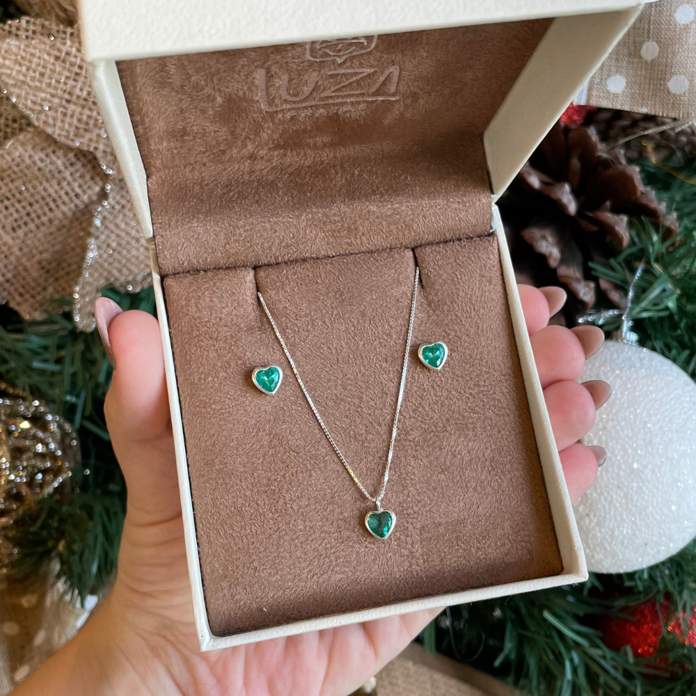 Conjunto Luza Ponto de Luz de Coração Color 6MM Embutido em Prata 925